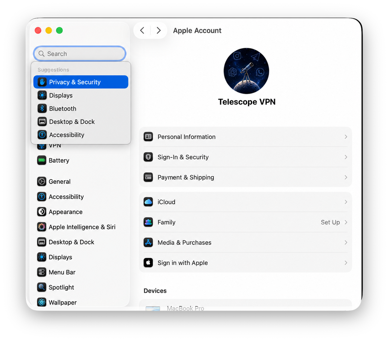 Шаг 3: раздел Privacy and Security